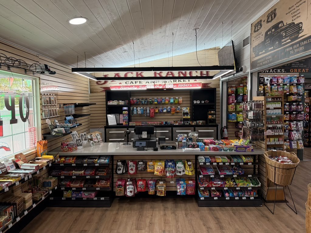 Inside the market, looking across the counter